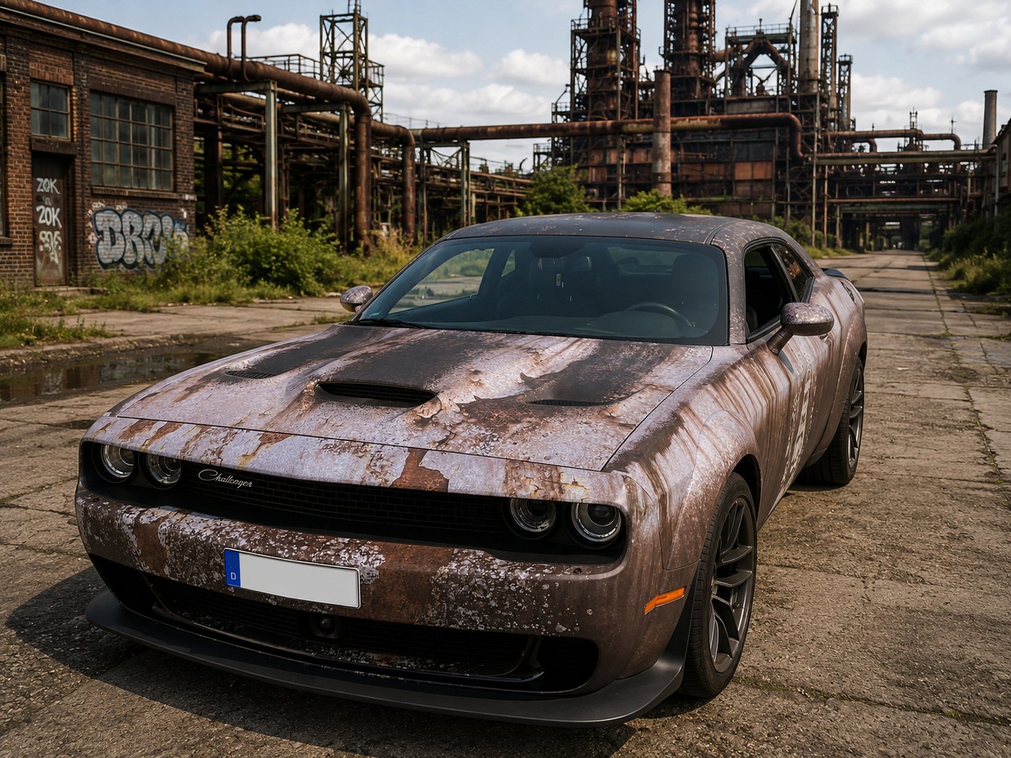 Dodge Challenger mit Patina-Folierung vor Industriekulisse