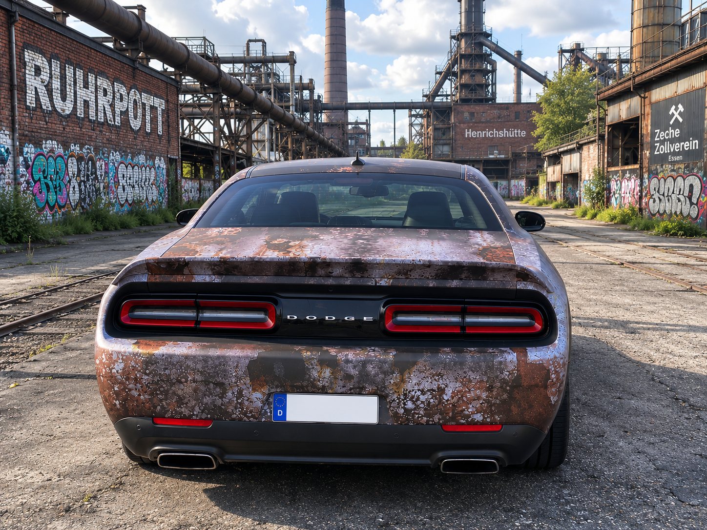 Heckansicht des Dodge Challenger mit Patina-Folierung