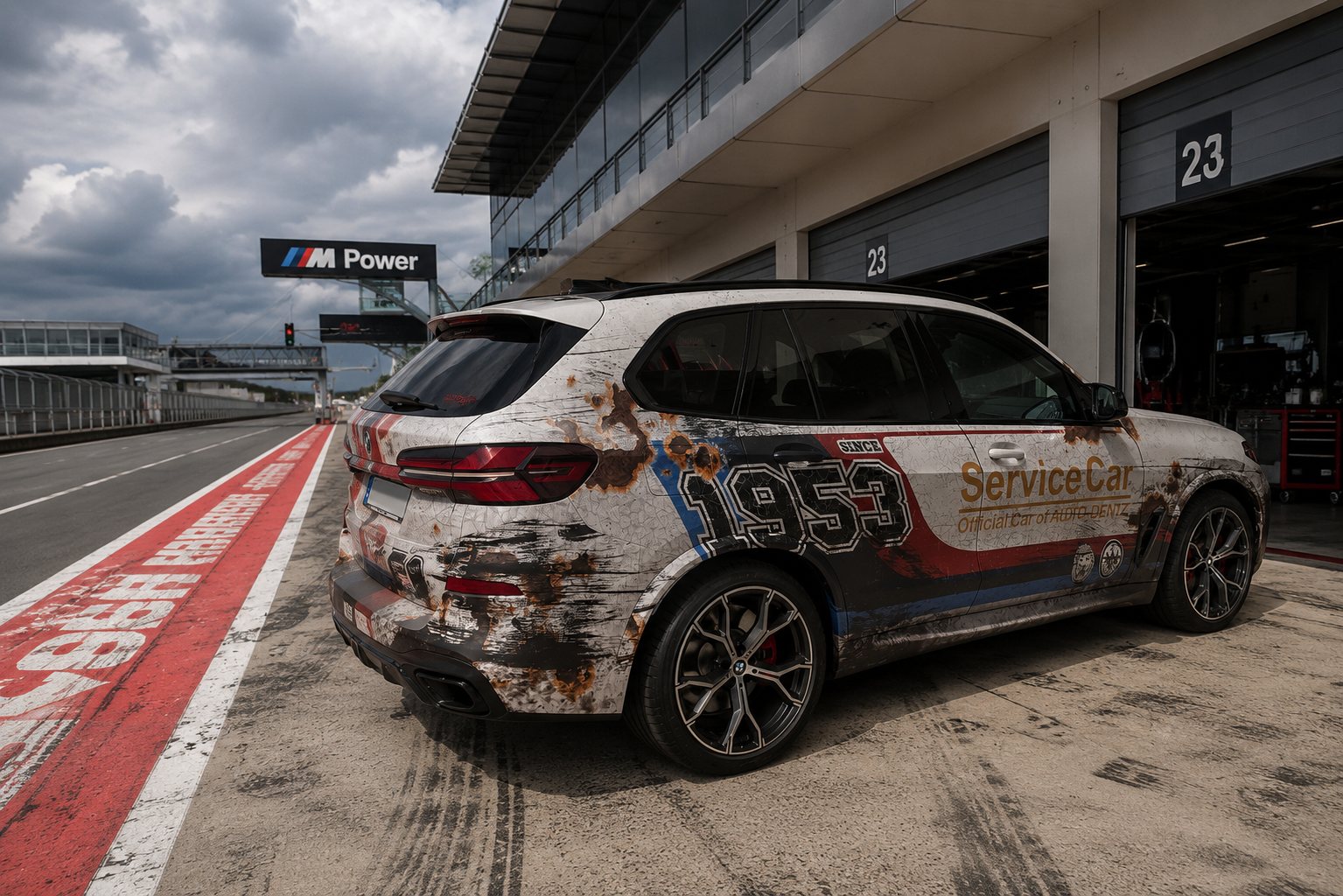 BMW ServiceCar Heckansicht in der Boxengasse
