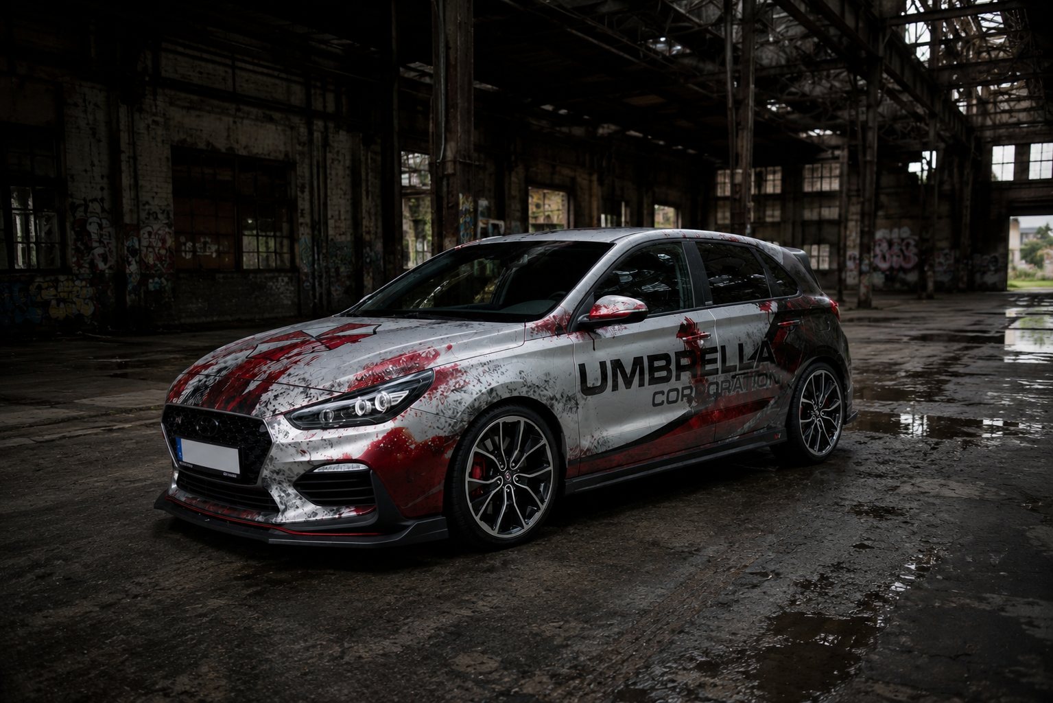 Umbrella Corporation Fahrzeug in einer verlassenen Industriehalle